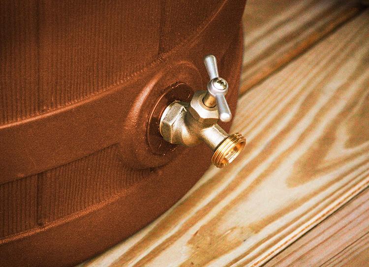 Whiskey Barrel Rain Barrel - Rain Wizard connects to your gutter downspout