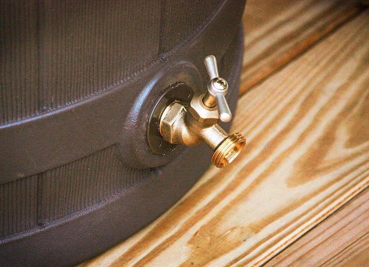 Whiskey Barrel Rain Barrel - Rain Wizard connects to your gutter downspout