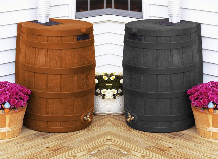 Whiskey Barrel Rain Barrel - Rain Wizard connects to your gutter downspout