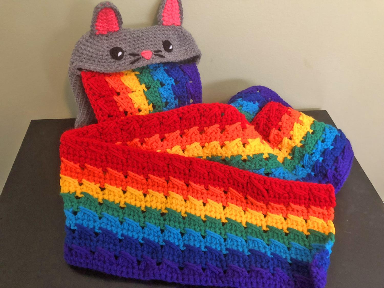 Puking Rainbow Crochet Cat Scarf - Rainbow Barf Cat Plush Scarf