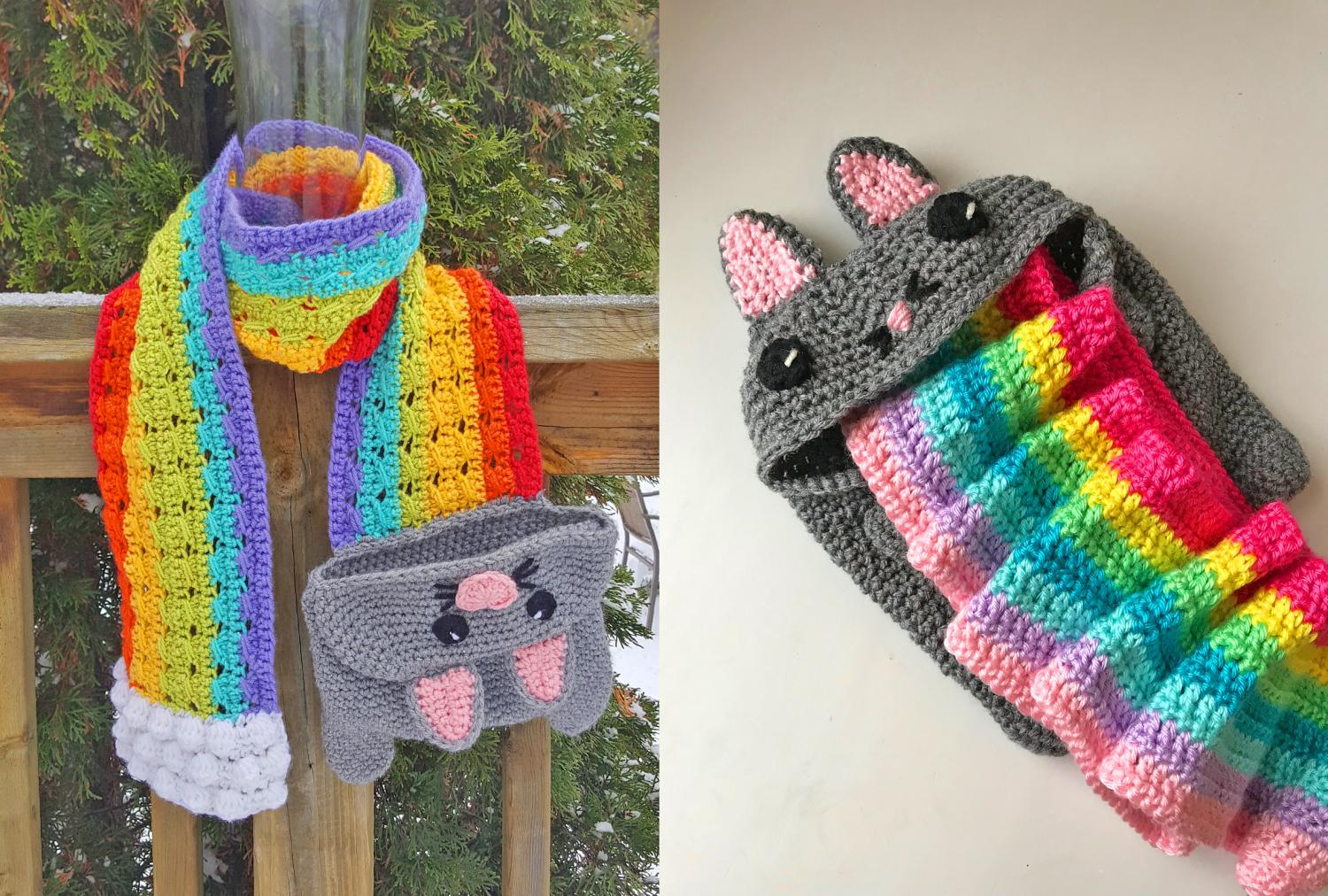 Puking Rainbow Crochet Cat Scarf - Rainbow Barf Cat Plush Scarf