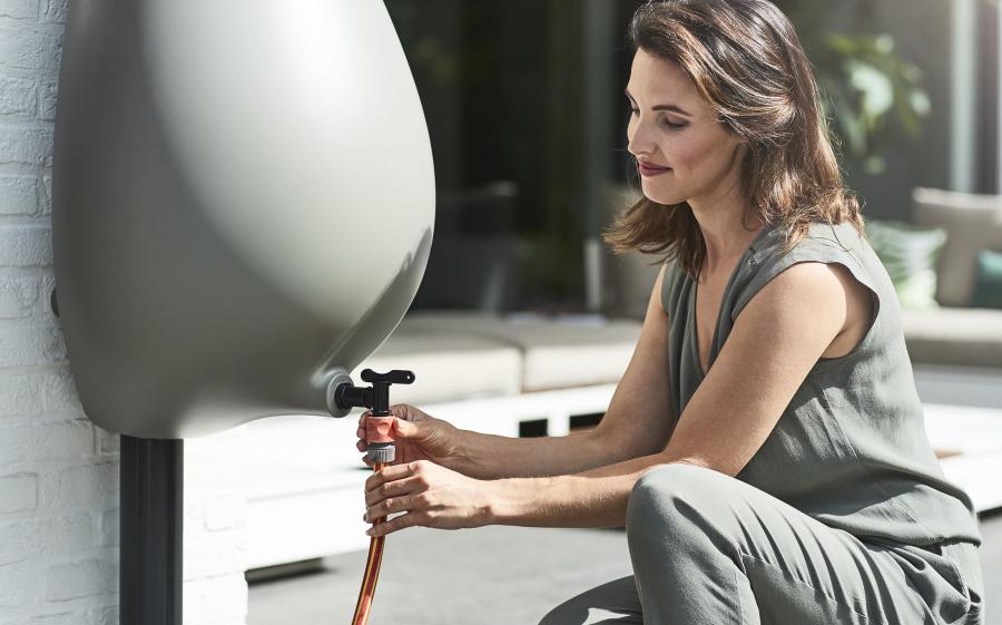 Raindrop Rain Barrel Connects to Gutter Downspout
