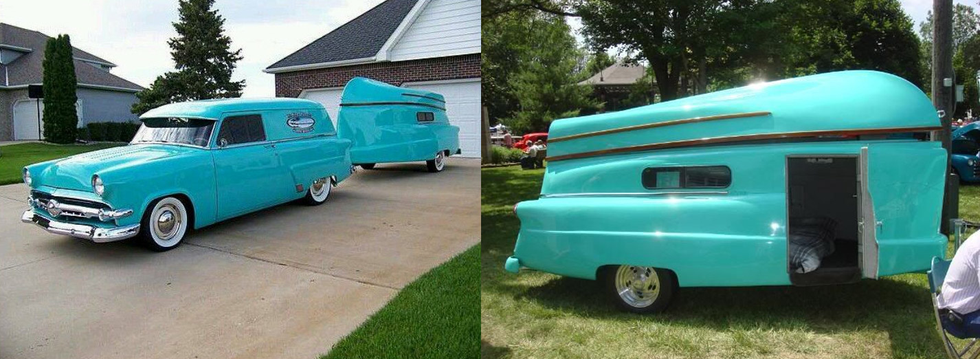 Retro Camper Boat - 1950's Teardrop trailer with row boat as roof of camper
