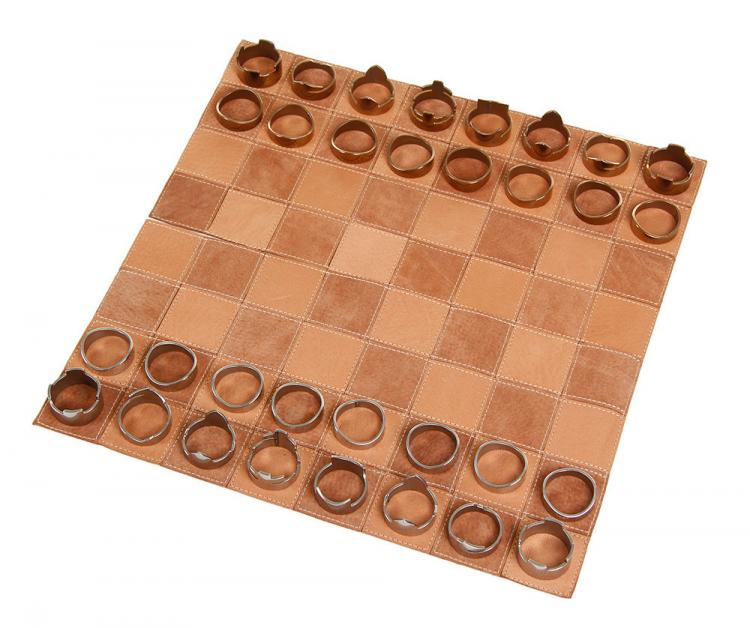 Classy Roll-Up Leather Chess Set - Stainless Steel Pieces