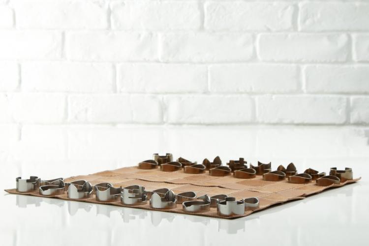 Classy Roll-Up Leather Chess Set - Stainless Steel Pieces