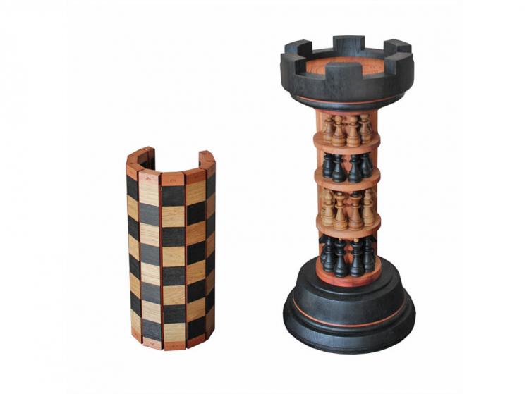 Rook Tower Pack-away Wooden Chess Board - Rook piece shaped wooden chess board - beautiful design wooden chess board with flexible board