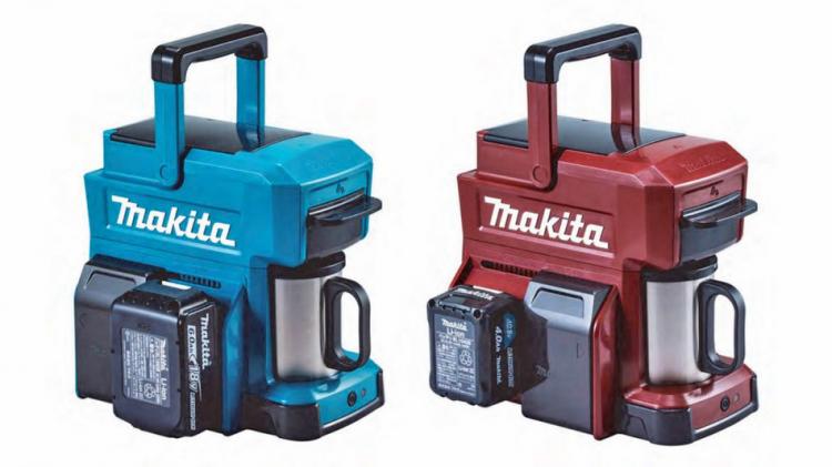 Makita Ultra-rugged  portable job site coffee maker is powered by power tool batteries - Construction site coffee maker