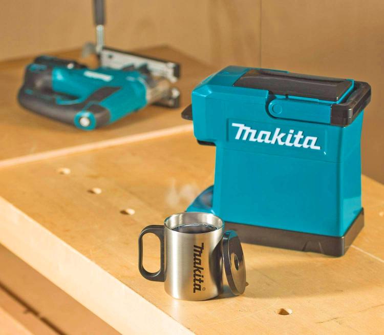 Makita Ultra-rugged  portable job site coffee maker is powered by power tool batteries - Construction site coffee maker