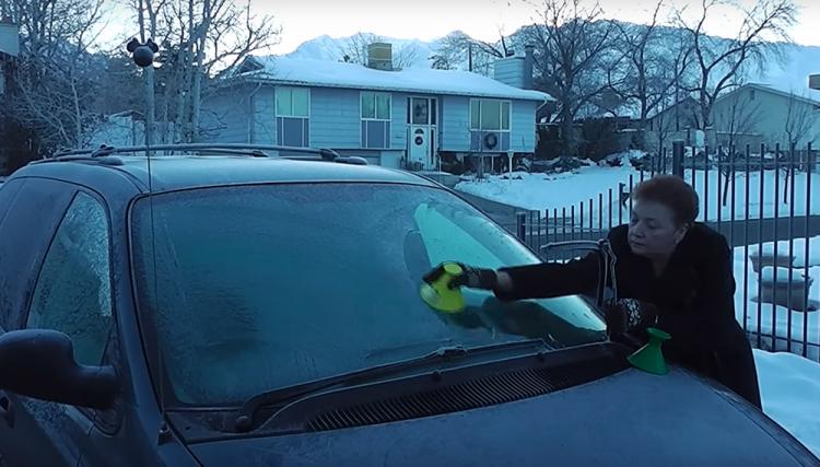 Scrape-a-Round Cone shaped windshield ice scraper and snow remover - Ice scraper doubles as funnel
