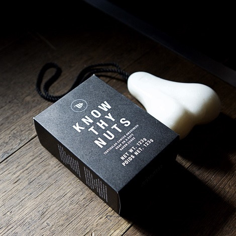 Know Thy Nuts scrotum shaped bar of soap on a rope
