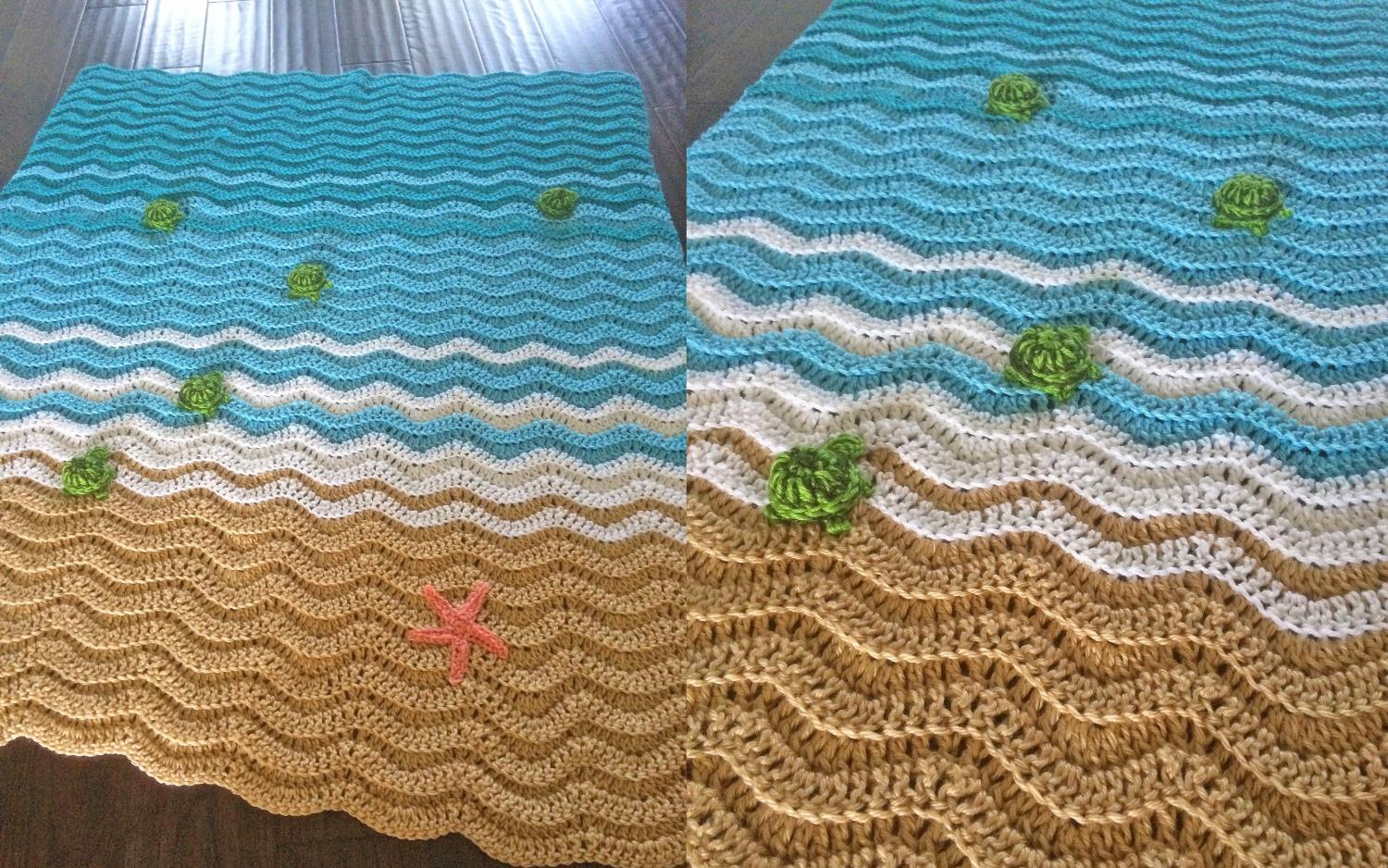 Sea Turtle Beach Blanket - DIY Crochet Sea Turtles Entering The Water On Beach Blanket