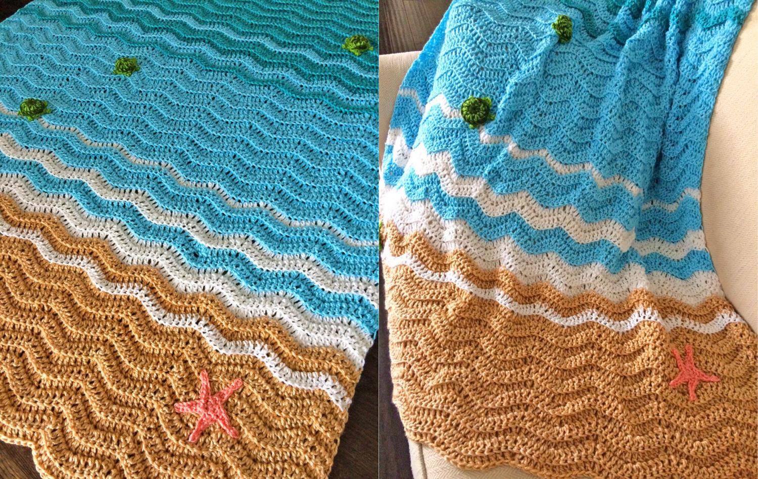 Sea Turtle Beach Blanket - DIY Crochet Sea Turtles Entering The Water On Beach Blanket