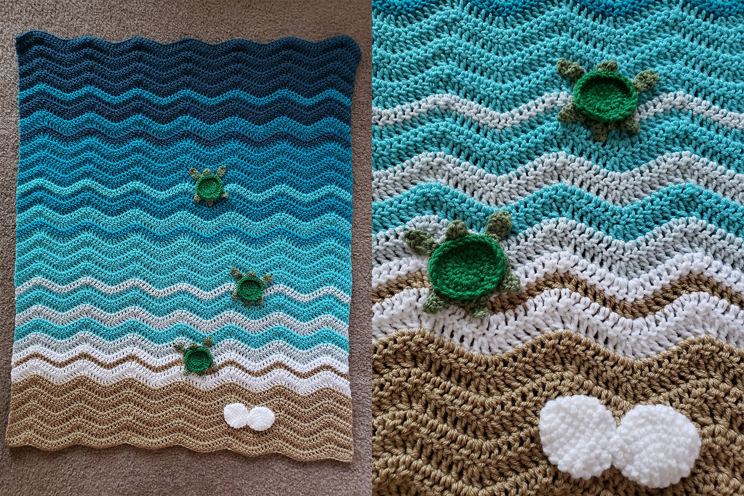 Sea Turtle Beach Blanket - DIY Crochet Sea Turtles Entering The Water On Beach Blanket