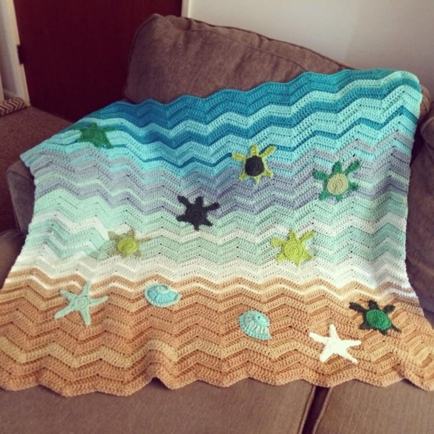 Sea Turtle Beach Blanket - DIY Crochet Sea Turtles Entering The Water On Beach Blanket