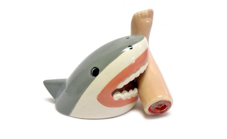 Shark Attack With Bloody Foot Salt and Pepper Set - Severed Foot Shark Attack Seasoning Set