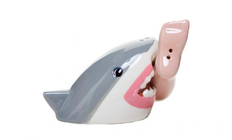 Shark Attack With Bloody Foot Salt and Pepper Set - Severed Foot Shark Attack Seasoning Set