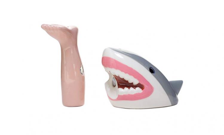 Shark Attack With Bloody Foot Salt and Pepper Set - Severed Foot Shark Attack Seasoning Set