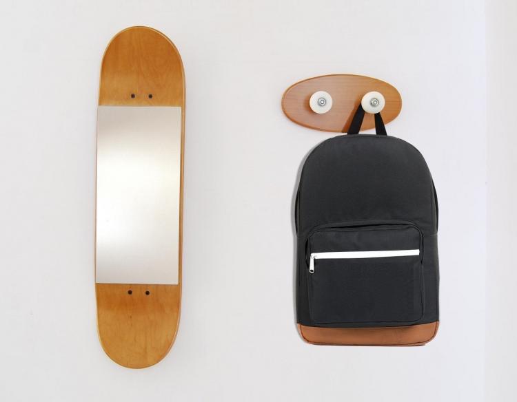 Skateboard mirror and coat rack