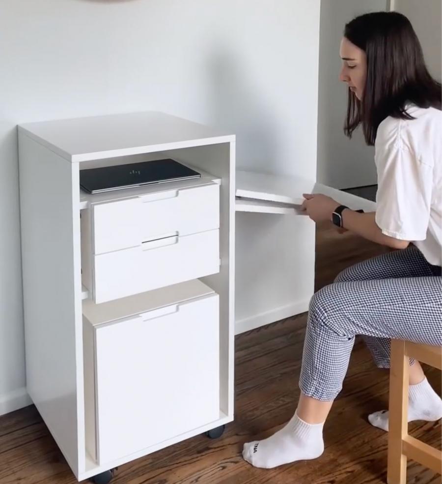 Transforming Cabinet Turns Into Tiny Desk With a Hidden Chair
