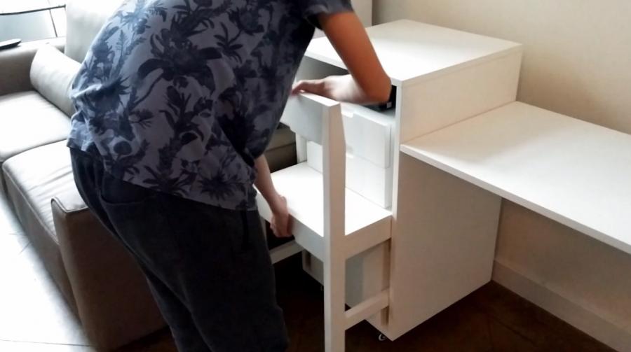Transforming Cabinet Turns Into Tiny Desk With a Hidden Chair