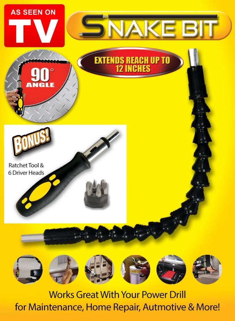 Snake Bit Drill Bit - Flexible Drill Bit Adapter - Snake Bit Curves Into Tight Corners and Awkward Spots