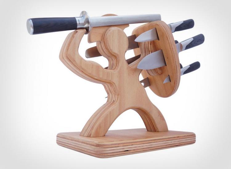 Sparta Knife Block - Wooden soldier with shield and sword knife block