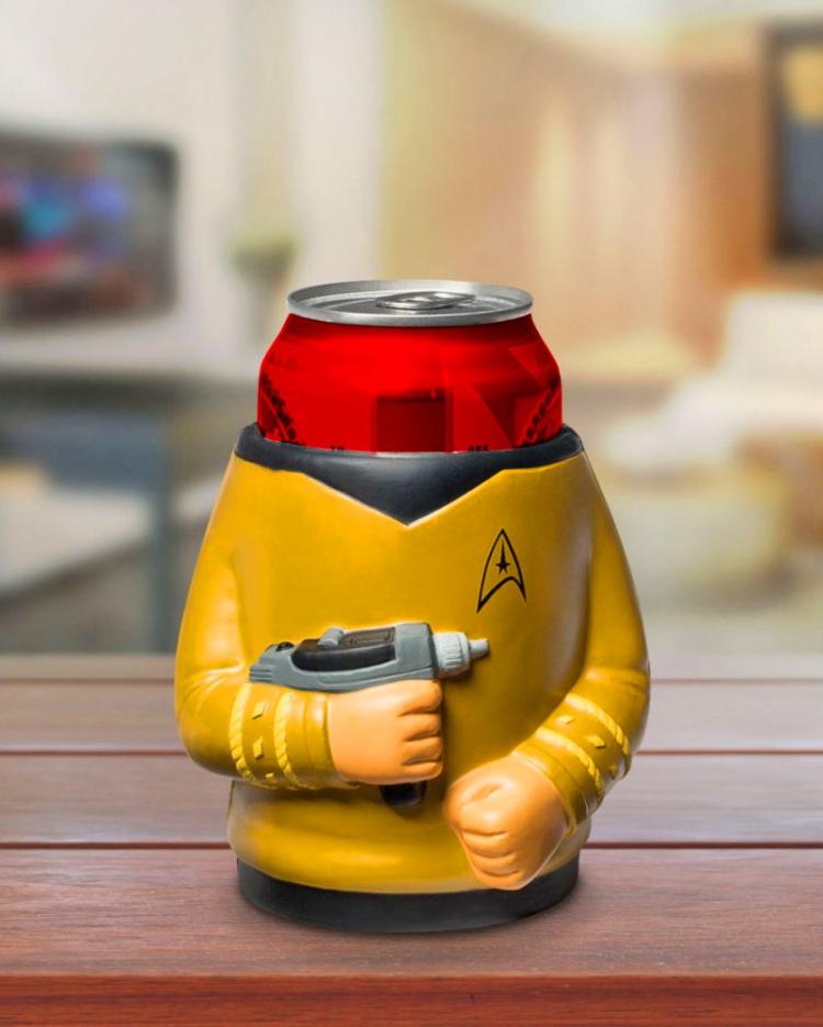 Star Trek Captain Kirk with phaser Beer Koozie - 3D yellow shirt star trek beer koozie
