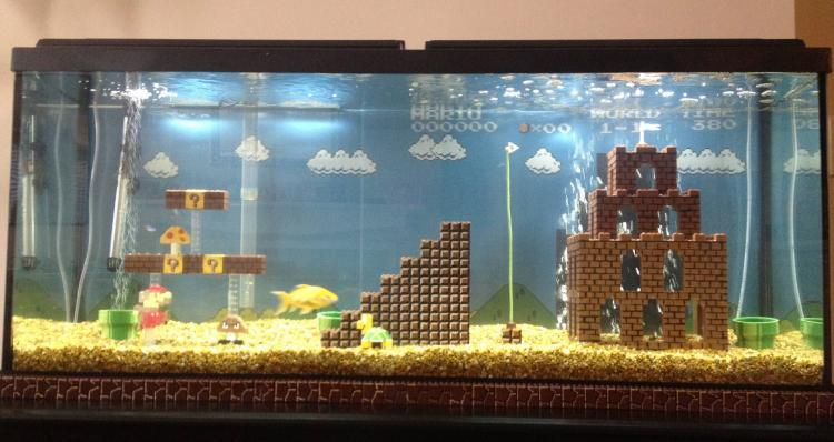 Super Mario Aquarium - NES Mario Fish Tank Castle - Mario underwater level made in aquarium