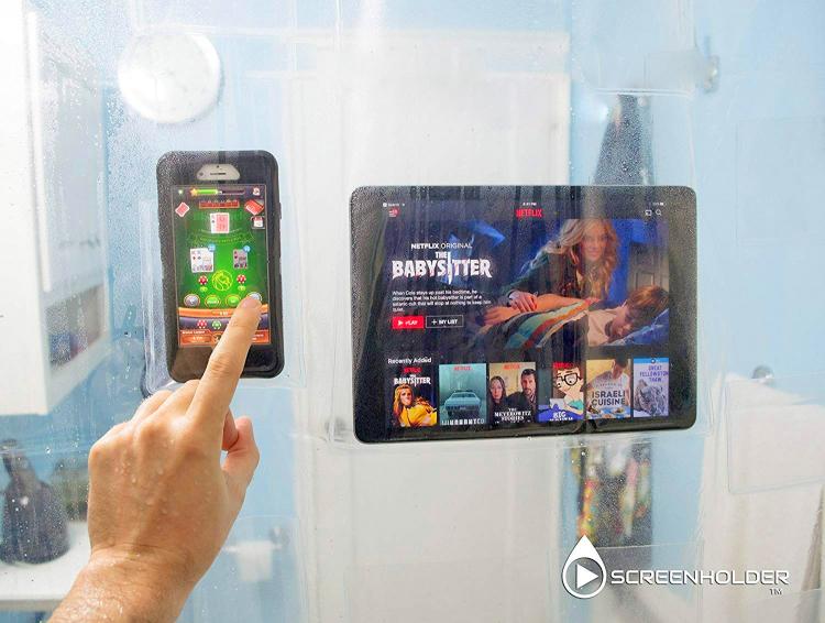 Tablet and Smart Phone Holding Shower Curtain - Shower curtain phone holder