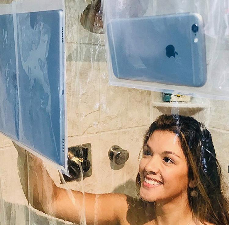 Tablet and Smart Phone Holding Shower Curtain - Shower curtain phone holder