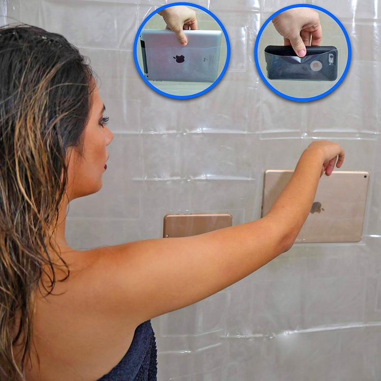 Tablet and Smart Phone Holding Shower Curtain - Shower curtain phone holder