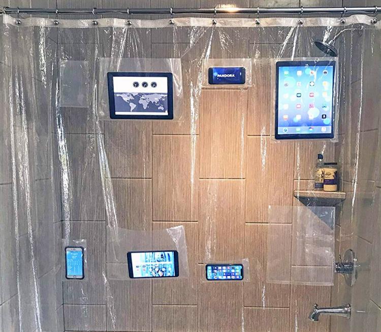 Tablet and Smart Phone Holding Shower Curtain - Shower curtain phone holder