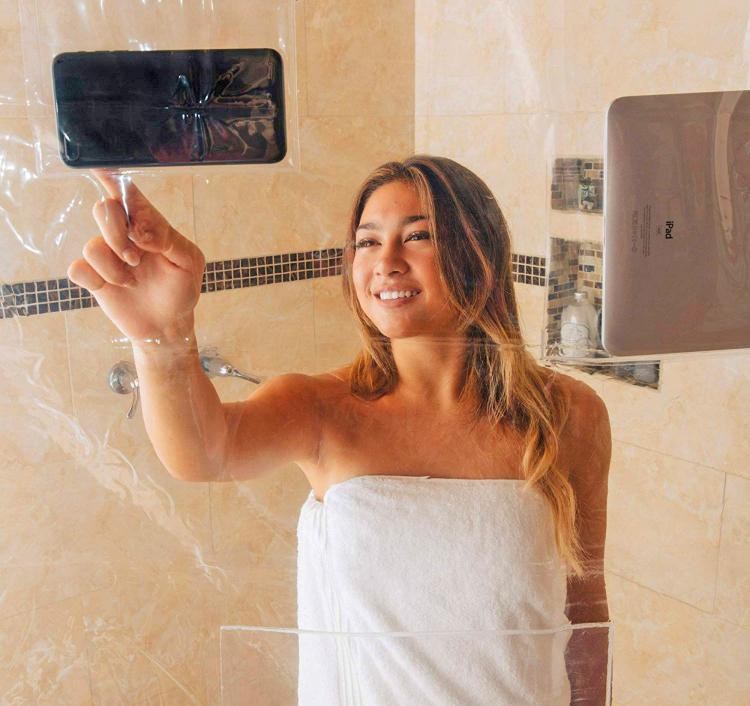 Tablet and Smart Phone Holding Shower Curtain - Shower curtain phone holder