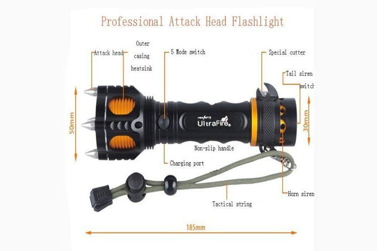 Tactical Self Defense Flashlight With Spikes