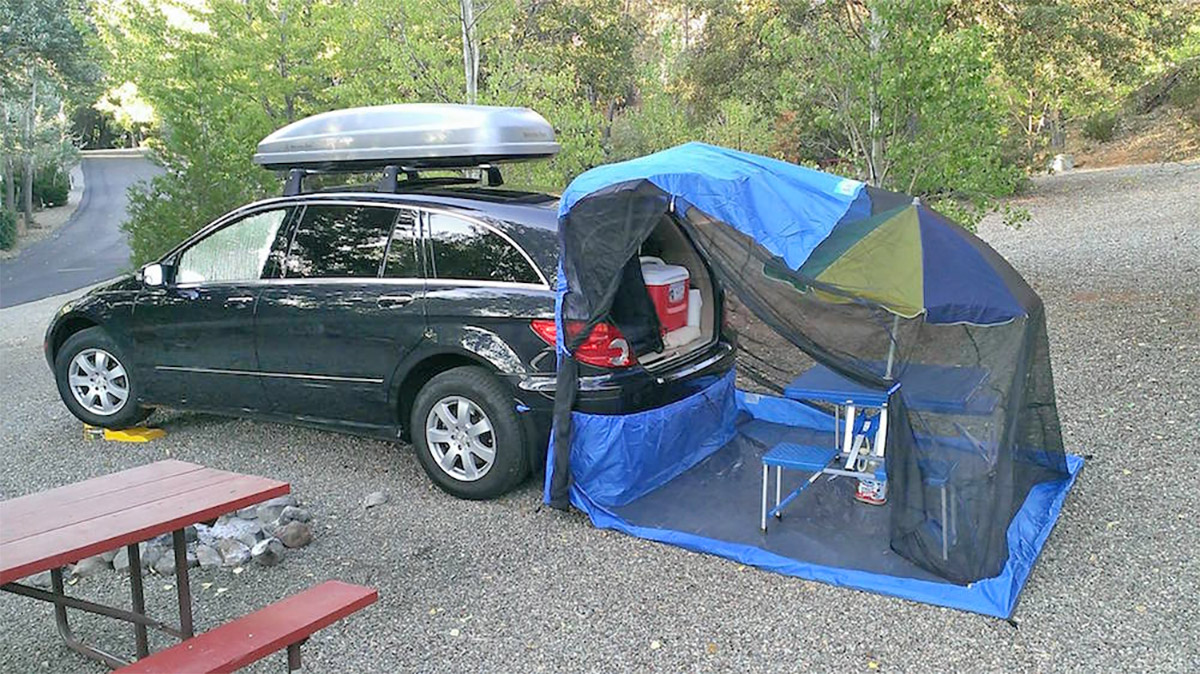 TailVeil Tent Attaches To Back of Your SUV or Minivan - SUV lift-gate camping tent