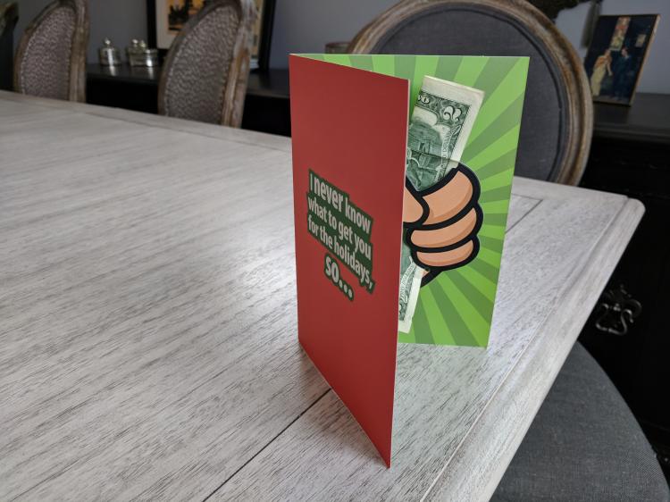Shut up and take my money Christmas card - Hand giving cash pop-up Christmas card