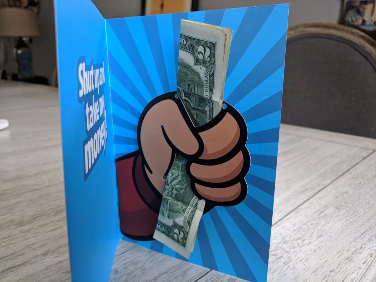 Shut up and take my money birthday card - Hand giving cash pop-up birthday card