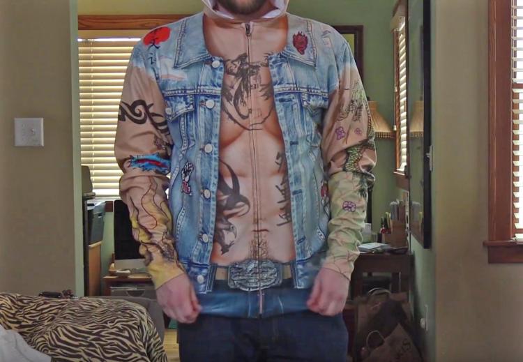 Tattoos and Jean Jacket Zip-up Hoodie - Full print tattoo and denim vest costume hoodie - Funny biker hoodie