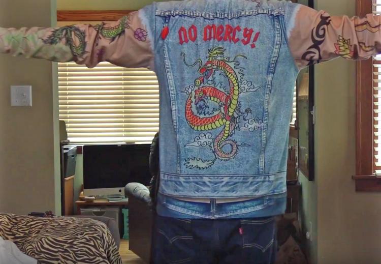 Tattoos and Jean Jacket Zip-up Hoodie - Full print tattoo and denim vest costume hoodie - Funny biker hoodie
