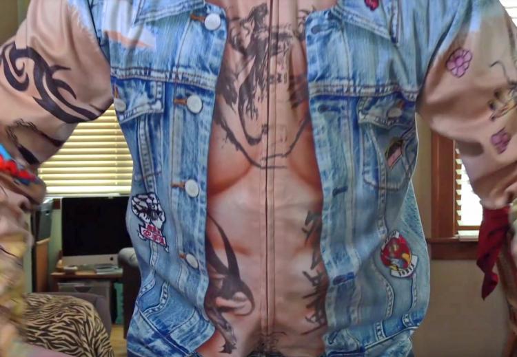 Tattoos and Jean Jacket Zip-up Hoodie - Full print tattoo and denim vest costume hoodie - Funny biker hoodie