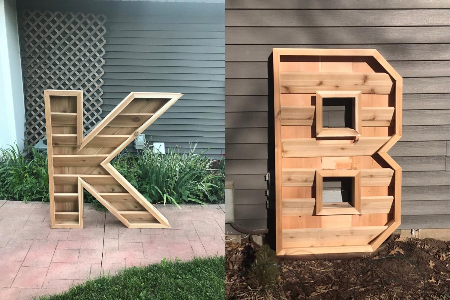 Giant Letter Shaped Planters - Wooden Monogram Letter Gardens On Front Entrance of House