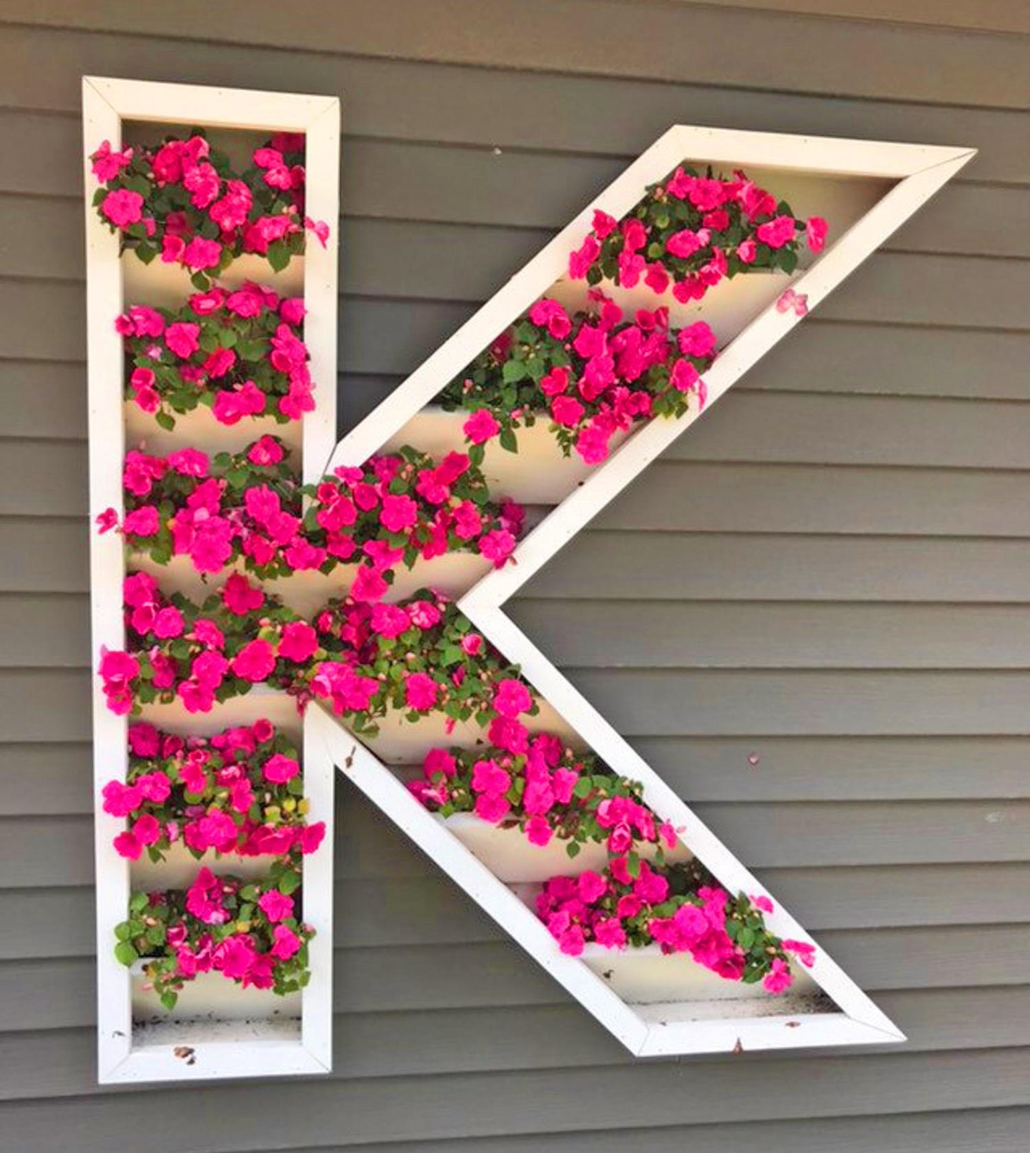 Giant Letter Shaped Planters - Wooden Monogram Letter Gardens On Front Entrance of House