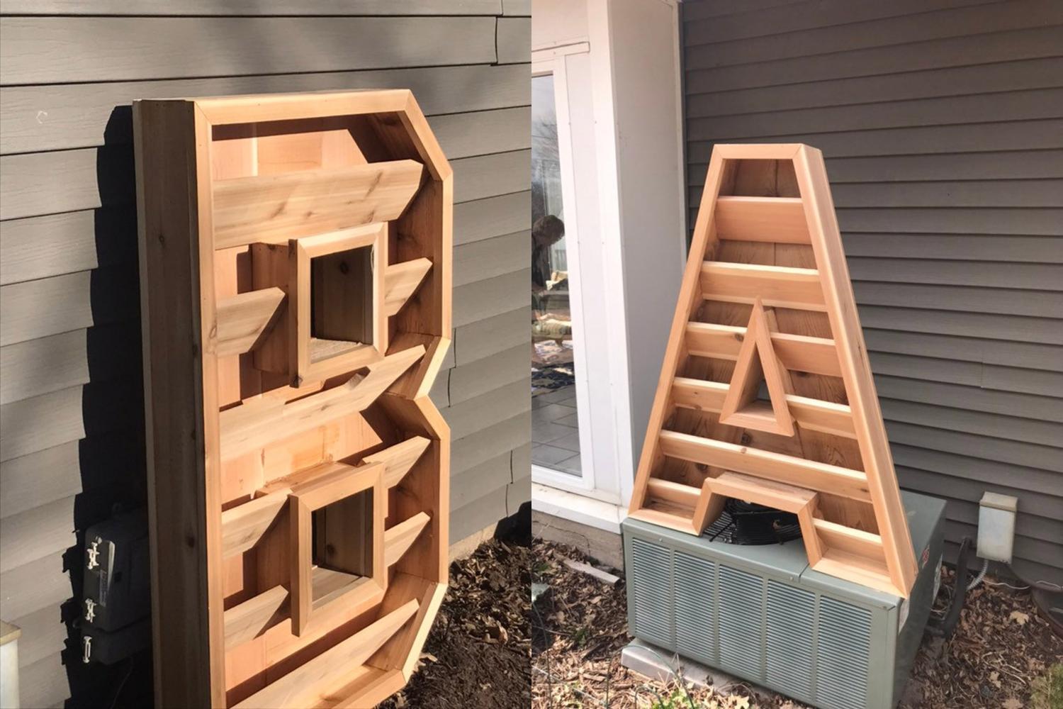 Giant Letter Shaped Planters - Wooden Monogram Letter Gardens On Front Entrance of House