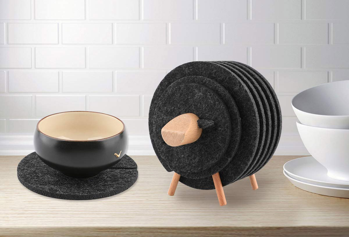 Felt Sheep Coasters holder with snowflake coasters