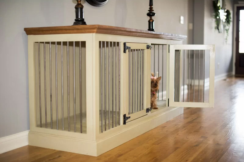 Modern Design Corner Credenza Also Doubles as a Pet Crate - Dog crate credenza table furniture combo
