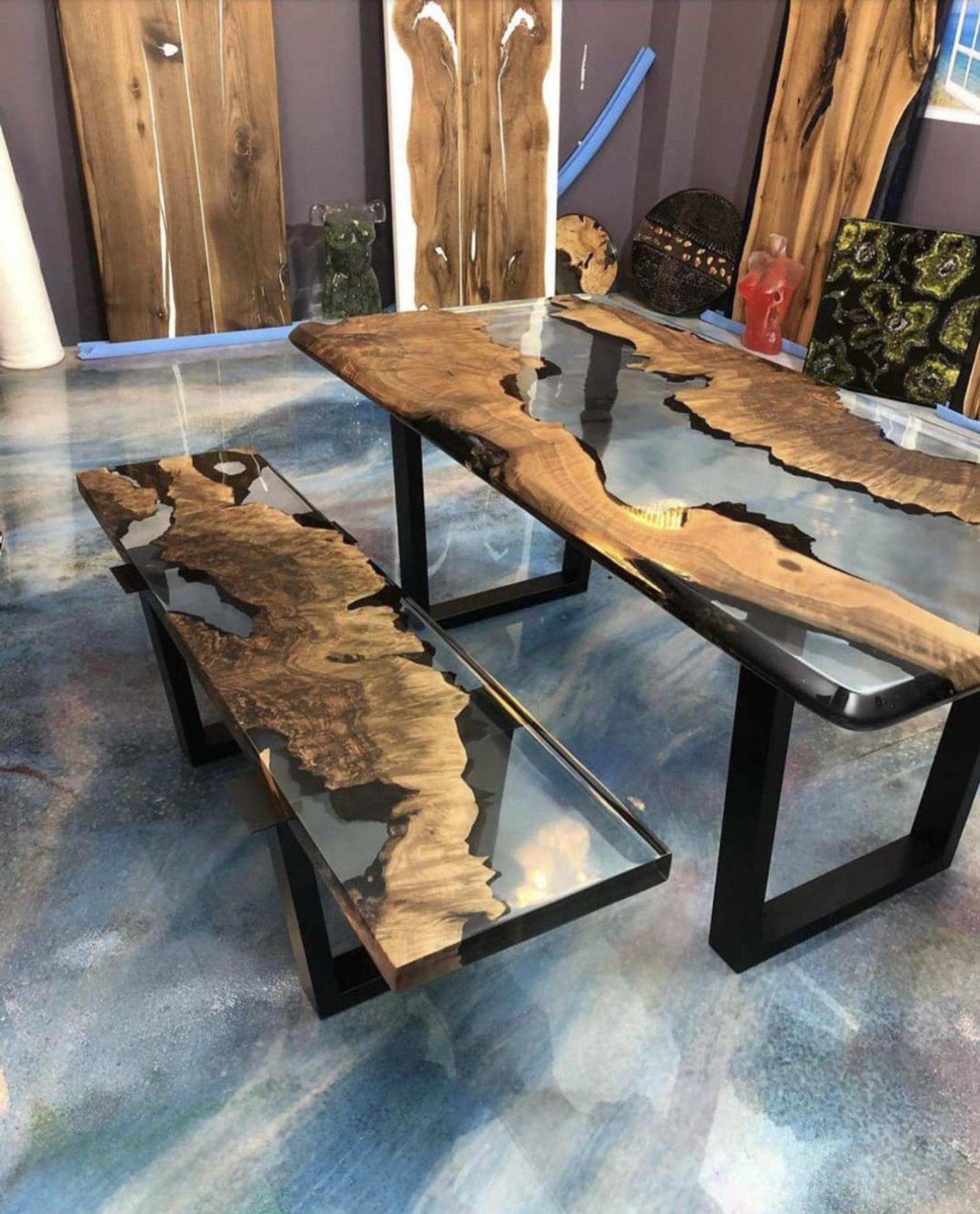 epoxy table with a bench both made with stunning transparent epoxy/resin