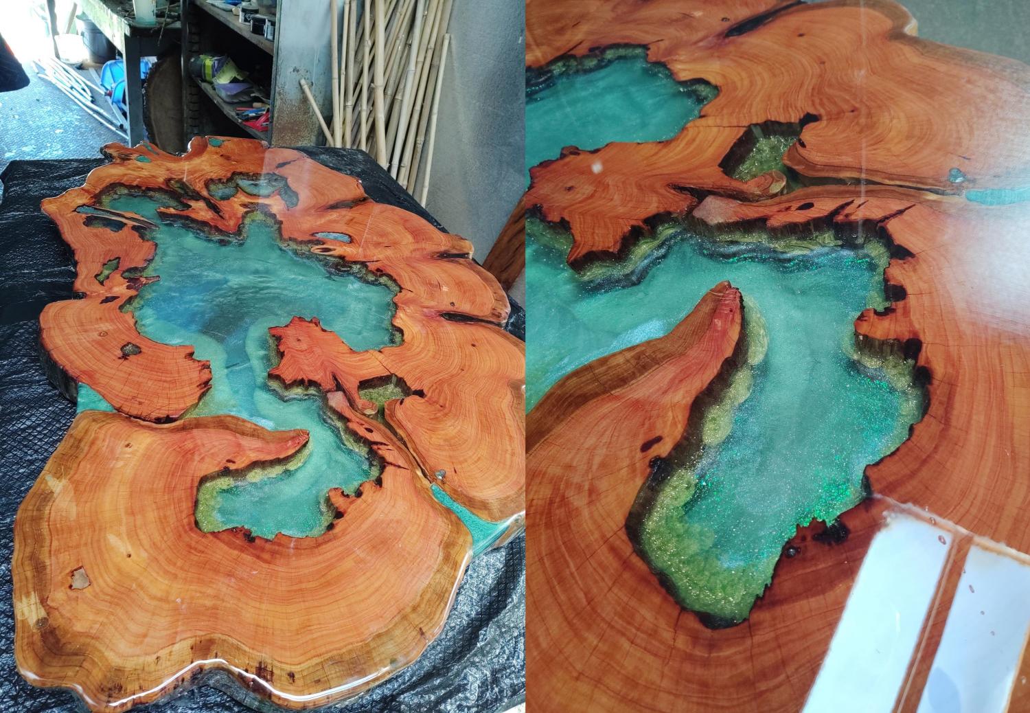 A stunning epoxy table made from a Monterey cypress slab made to look like a clear lake which you can see straight to the bottom