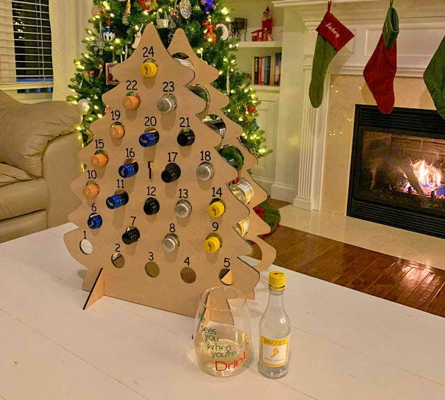 Christmas Tree Advent Calendar Holds Mini Bottles Of Wine