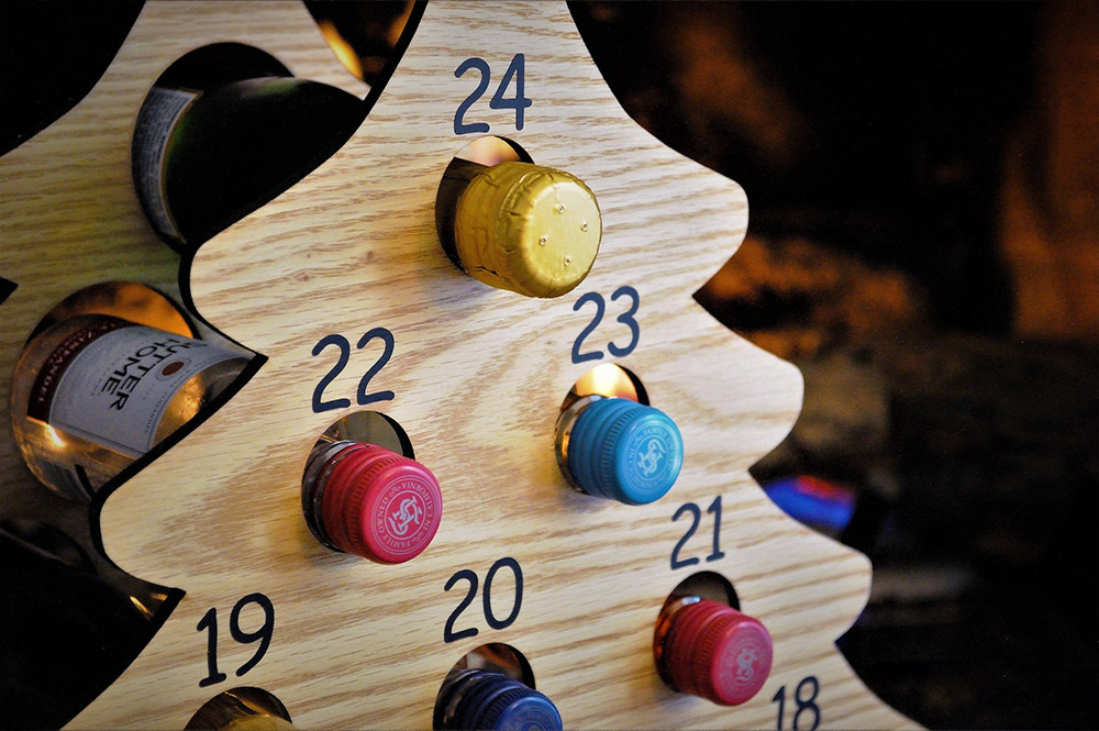 Christmas Tree Advent Calendar Holds Mini Bottles Of Wine