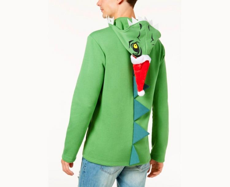 Dinosaur Hoodie Has Little T-Rex Arms That Protrude From The Chest - Holiday Dino Hoodie with t-rex hands
